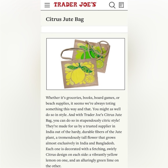 Trader Joe’s Citrus Themed REUSEABLE TOTE BAG 100% Jute Burlap - Picture 2 of 3